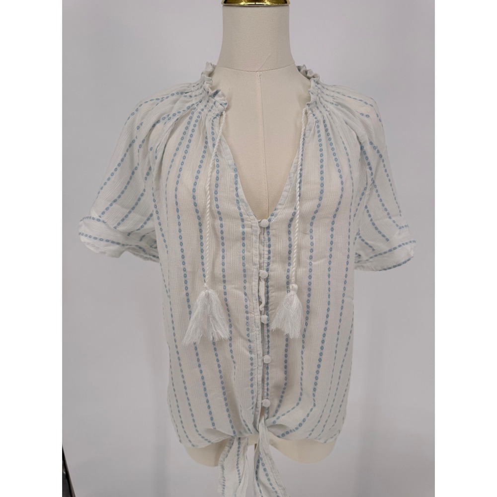 PAIGE Striped Embroidered Tassel Tie Front Blouse Shirt Women's‎